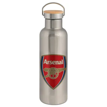 Arsenal, Μεταλλικό παγούρι θερμός (Stainless steel) Ασημένιο με ξύλινο καπακι (bamboo), διπλού τοιχώματος, 750ml