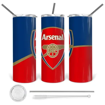 Arsenal, Tumbler ποτήρι θερμό από ανοξείδωτο ατσάλι 600ml, με μεταλλικό καλαμάκι & βούρτσα καθαρισμού