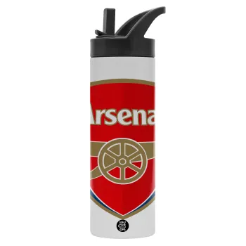 Arsenal, Metallic thermos bottle with straw & handle, stainless steel (Stainless steel 304), double-walled, 600ml.