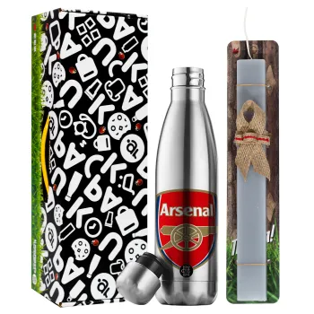 Arsenal, Easter Set, metallic stainless thermos flask (500ml) & scented flat Easter candle (30cm) (GRAY)