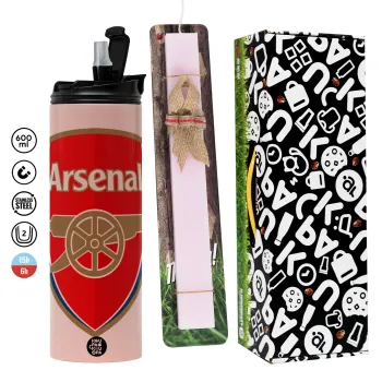 Arsenal, Πασχαλινή Λαμπάδα με  ΡΟΖ Travel Tumbler θερμό (600ml, BPA free) & κερί αρωματικό πλακέ (30cm) (ΡΟΖ)