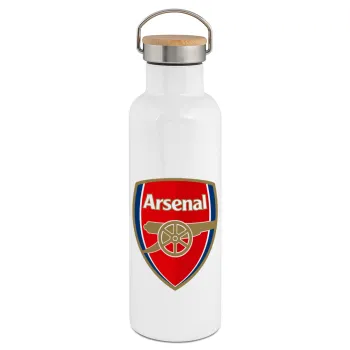 Arsenal, Μεταλλικό παγούρι θερμός (Stainless steel) Λευκό με ξύλινο καπάκι (bamboo), διπλού τοιχώματος, 750ml