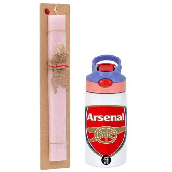 Arsenal, Easter Set, Children's thermal stainless steel water bottle with safety straw, pink/purple (350ml) & Easter scented flat candle (30cm) (PINK)