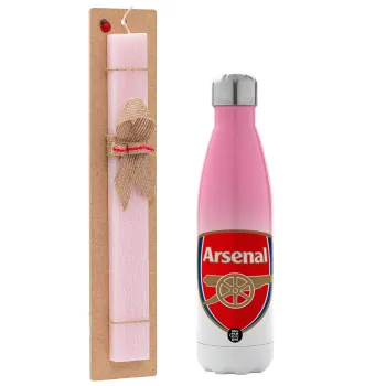 Arsenal, Easter Set, Metallic pink/white (Stainless steel) thermos, double-walled, 500ml & aromatic flat Easter candle (30cm) (PINK)