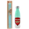 Easter Set, Metallic green/white thermos (Stainless steel), double-walled, 500ml & scented flat Easter candle (30cm) (TURQUOISE)