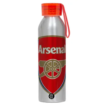 Arsenal, Αλουμινένιο Αθλητικό Μπουκάλι 650ml – Ασημί με Κόκκινο Καπάκι και Λουράκι Σιλικόνης