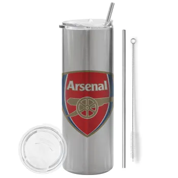 Arsenal, Tumbler stainless steel Silver 600ml, with metal straw & cleaning brush