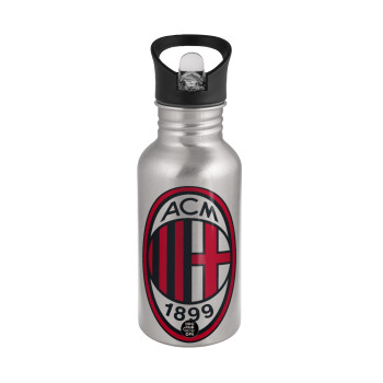 ACM, Water bottle Silver with straw, stainless steel 500ml