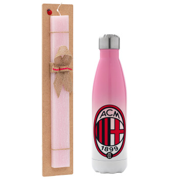 ACM, Easter Set, Metallic pink/white (Stainless steel) thermos, double-walled, 500ml & aromatic flat Easter candle (30cm) (PINK)