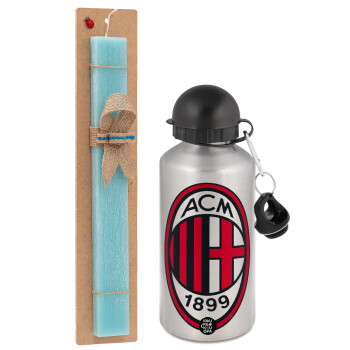 ACM, Easter Set, metallic silver aluminum water bottle (500ml) & scented flat Easter candle (30cm) (TURQUOISE)