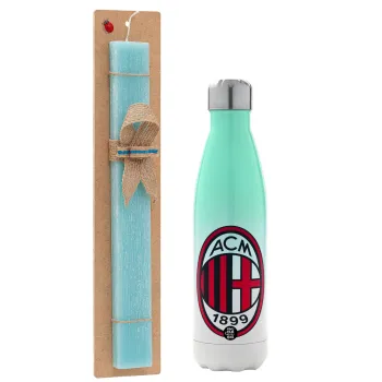 ACM, Easter Set, Metallic green/white thermos (Stainless steel), double-walled, 500ml & scented flat Easter candle (30cm) (TURQUOISE)