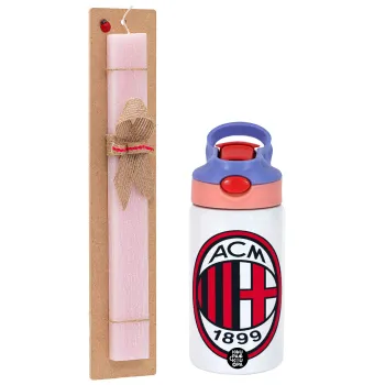 ACM, Easter Set, Children's thermal stainless steel water bottle with safety straw, pink/purple (350ml) & Easter scented flat candle (30cm) (PINK)