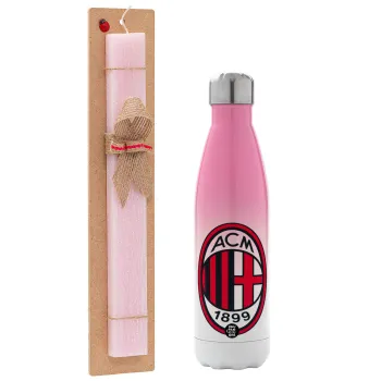ACM, Easter Set, Metallic pink/white (Stainless steel) thermos, double-walled, 500ml & aromatic flat Easter candle (30cm) (PINK)