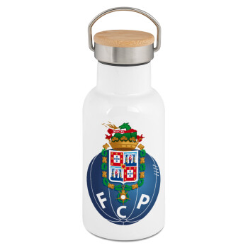 FCP, Μεταλλικό παγούρι θερμός (Stainless steel) Λευκό με ξύλινο καπακι (bamboo), διπλού τοιχώματος, 350ml