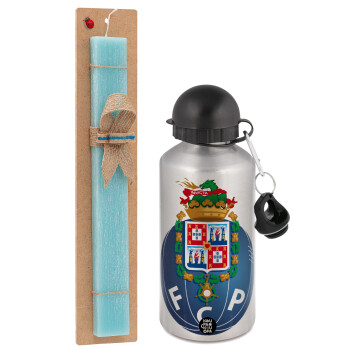 FCP, Easter Set, metallic silver aluminum water bottle (500ml) & scented flat Easter candle (30cm) (TURQUOISE)