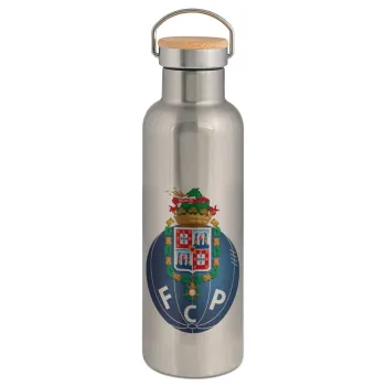 FCP, Μεταλλικό παγούρι θερμός (Stainless steel) Ασημένιο με ξύλινο καπακι (bamboo), διπλού τοιχώματος, 750ml