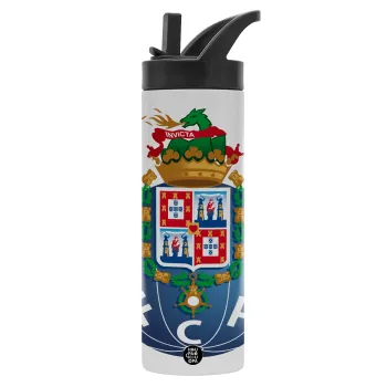 FCP, Metallic thermos bottle with straw & handle, stainless steel (Stainless steel 304), double-walled, 600ml.