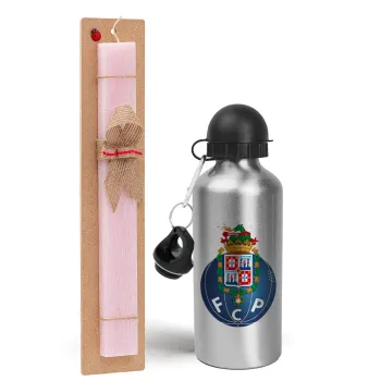 FCP, Easter Set, metallic Silver aluminum water bottle (500ml) & scented flat Easter candle (30cm) (PINK)
