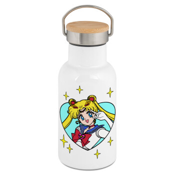 Sailor Moon star, Μεταλλικό παγούρι θερμός (Stainless steel) Λευκό με ξύλινο καπακι (bamboo), διπλού τοιχώματος, 350ml