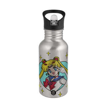 Sailor Moon star, Παγούρι νερού Ασημένιο με καλαμάκι, ανοξείδωτο ατσάλι 500ml