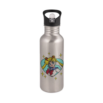 Sailor Moon star, Water bottle Silver with straw, stainless steel 600ml