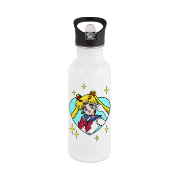 Sailor Moon star, White water bottle with straw, stainless steel 600ml