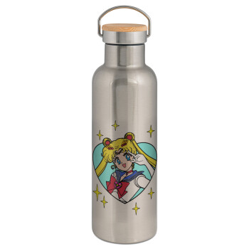 Sailor Moon star, Μεταλλικό παγούρι θερμός (Stainless steel) Ασημένιο με ξύλινο καπακι (bamboo), διπλού τοιχώματος, 750ml