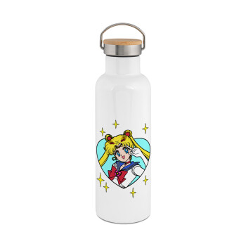 Sailor Moon star, Stainless steel White with wooden lid (bamboo), double wall, 750ml