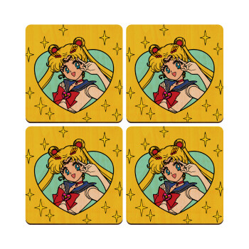 Sailor Moon star, ΣΕΤ x4 Σουβέρ ξύλινα τετράγωνα plywood (9cm)