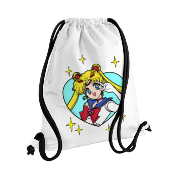 Sailor Moon star, Τσάντα πλάτης πουγκί GYMBAG λευκή, με τσέπη (40x48cm) & χονδρά κορδόνια