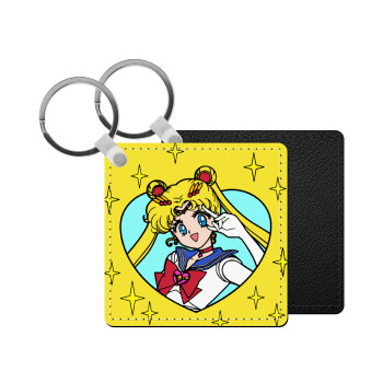 Sailor Moon star, Μπρελόκ Δερματίνη, τετράγωνο ΜΑΥΡΟ (5x5cm)