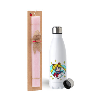 Sailor Moon star, Πασχαλινή Λαμπάδα με μεταλλικό παγούρι ανοξείδωτο (750ml) & κερί αρωματικό πλακέ (30cm) (ΡΟΖ)