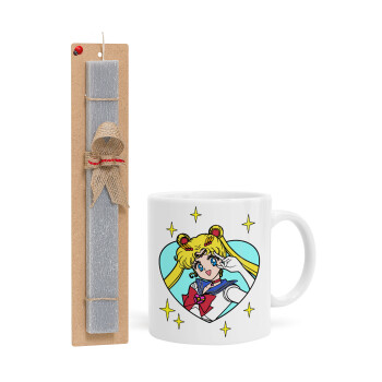 Sailor Moon star, Πασχαλινή Λαμπάδα με Κούπα κεραμική (330ml) & κερί αρωματικό πλακέ (30cm) (ΓΚΡΙ)