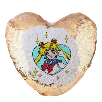 Sailor Moon star, Μαξιλάρι καναπέ καρδιά Μαγικό Χρυσό με πούλιες 40x40cm περιέχεται το  γέμισμα