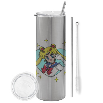 Sailor Moon star, Eco friendly ποτήρι θερμό Ασημένιο (tumbler) από ανοξείδωτο ατσάλι 600ml, με μεταλλικό καλαμάκι & βούρτσα καθαρισμού