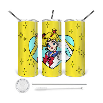 Sailor Moon star, Tumbler ποτήρι θερμό από ανοξείδωτο ατσάλι 600ml, με μεταλλικό καλαμάκι & βούρτσα καθαρισμού