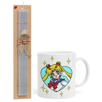 Sailor Moon star, Easter Set, Ceramic Cup (330ml) & Easter aromatic flat candle (30cm) (GRAY)