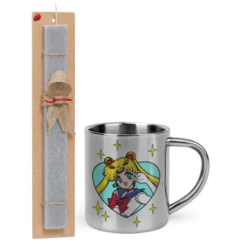 Sailor Moon star, Easter Set, metallic thermal cup (300ml) & Easter aromatic flat candle (30cm) (GRAY)