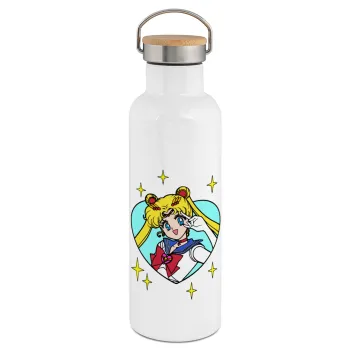 Sailor Moon star, Stainless steel White with wooden lid (bamboo), double wall, 750ml