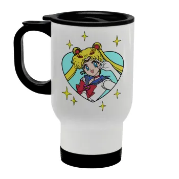 Sailor Moon star, Κούπα ταξιδιού ανοξείδωτη με καπάκι, διπλού τοιχώματος (θερμό) λευκή 450ml