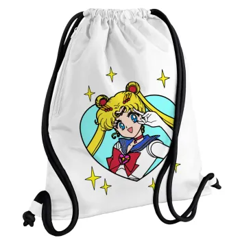 Sailor Moon star, Τσάντα πλάτης πουγκί GYMBAG λευκή, με τσέπη (40x48cm) & χονδρά κορδόνια