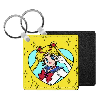 Sailor Moon star, Μπρελόκ Δερματίνη, τετράγωνο ΜΑΥΡΟ (5x5cm)