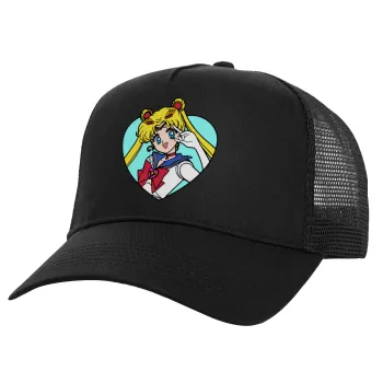Sailor Moon star, Structured Trucker Adult Hat, with Mesh, Black (100% COTTON, ADULT, UNISEX, ONE SIZE)
