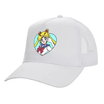 Sailor Moon star, Structured Trucker Adult Hat, with Mesh, WHITE (100% COTTON, ADULT, UNISEX, ONE SIZE)