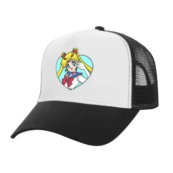 Sailor Moon star, Adult Structured Trucker Hat, with Mesh, WHITE/BLACK (100% COTTON, ADULT, UNISEX, ONE SIZE)