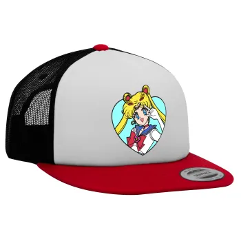Sailor Moon star, Adult Foam Flat Snapback with Mesh Red-White-Black (POLYESTER, ADULT, UNISEX, ONE SIZE)