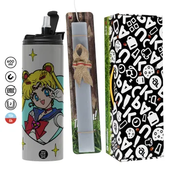 Sailor Moon star, Πασχαλινή Λαμπάδα με Travel Tumbler θερμό (600ml, BPA free) & κερί αρωματικό πλακέ (30cm) (ΓΚΡΙ)