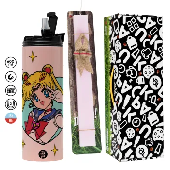 Sailor Moon star, Πασχαλινή Λαμπάδα με  ΡΟΖ Travel Tumbler θερμό (600ml, BPA free) & κερί αρωματικό πλακέ (30cm) (ΡΟΖ)