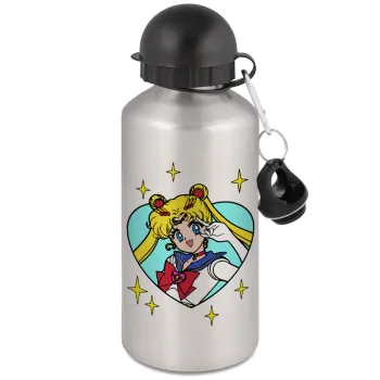 Sailor Moon star, Μεταλλικό παγούρι νερού, Ασημένιο, αλουμινίου 500ml