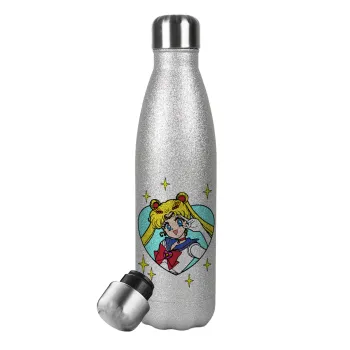 Sailor Moon star, Μεταλλικό παγούρι θερμός Glitter Aσημένιο (Stainless steel), διπλού τοιχώματος, 500ml